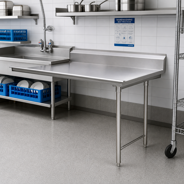 Product image #2 for Eagle Group Straight Clean Dishtable, 60 x 30 Inches, Right-to-Left, 16/304 Stainless Steel Top, 8-Inch Backsplash