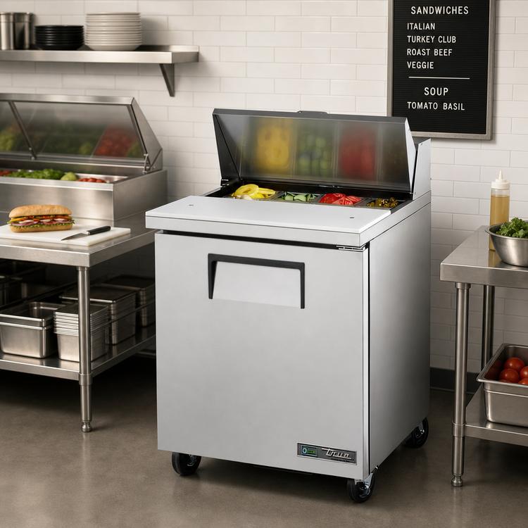 Product image #2 for True 27-Inch Wide One-Section Sandwich/Salad Prep Table with 8-Pan Top, 1 Door, and Rear-Mounted Self-Contained Refrigeration