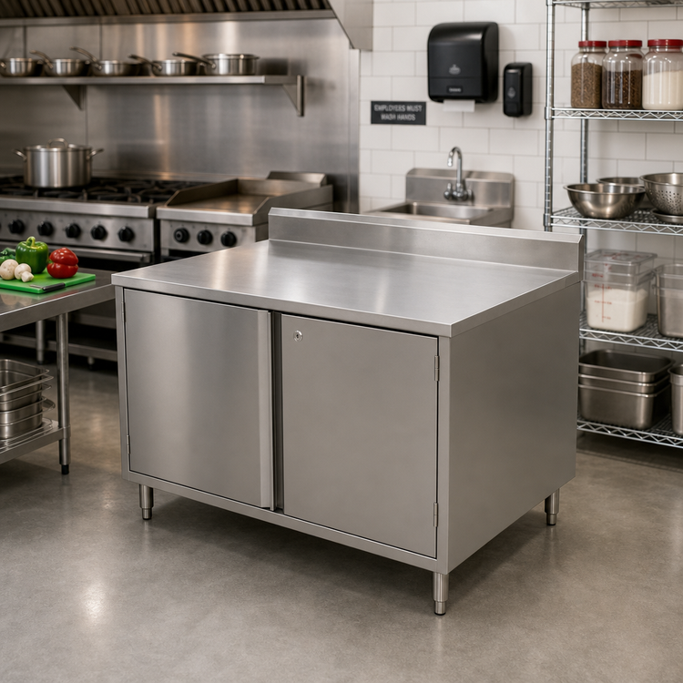 Product image #2 for BK Resources 30-Inch x 30-Inch Enclosed Stainless Steel Work Table with Cabinet Base, Hinged Doors, Lock, and 5-Inch Backsplash