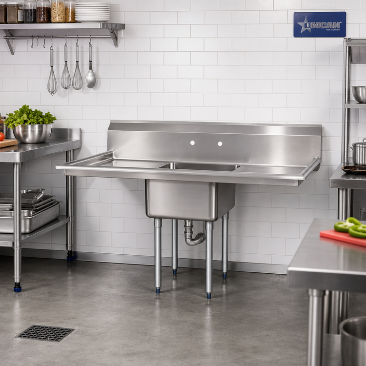 Product image #2 for Omcan USA 1-Compartment Pot Sink with Left and Right Drainboards, 24 x 24 x 14 Inch Bowl, 72 Inch Wide