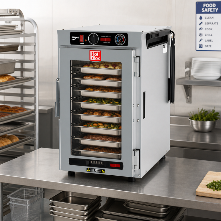 Product image #3 for Metro HotBlox Narrow 8-Pan Pass-Thru Insulated Holding Cabinet, Countertop/Stacking, Analog, Clear Front Door, Solid Rear Door, 120V