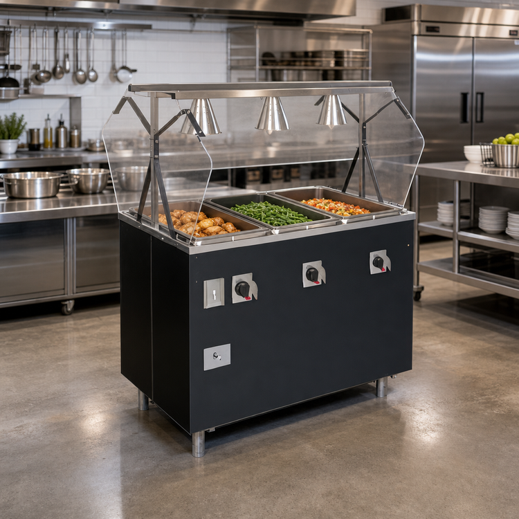 Product image #2 for Vollrath 2-Series Affordable Portable Deluxe 3-Well Mobile Hot Food Station with Illuminated Buffet Breath Guard and Enclosed Base