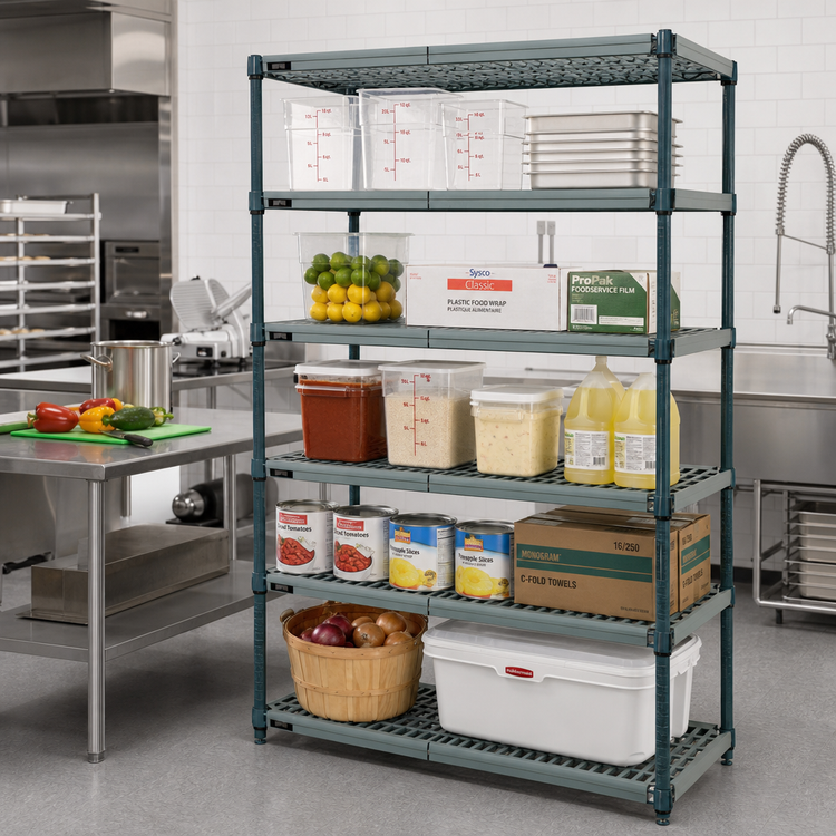 Product image #2 for Quantum 5-Tier Stationary Wire Plastic Mat Shelving Unit, 72W x 18D x 63H, Green Epoxy Coated