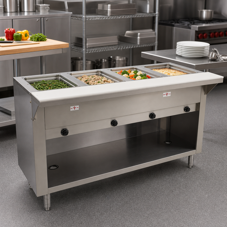 Product image #2 for Advance Tabco Triumph Supreme Propane Gas Open-Well Hot Food Table with 4 Wells, Enclosed Base, and Cutting Board Shelf