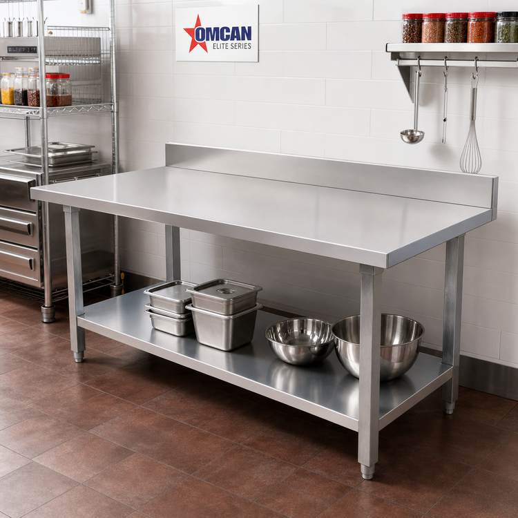Product image #2 for Omcan Elite Series 72-Inch x 24-Inch Stainless Steel Work Table with 4-Inch Backsplash and Undershelf