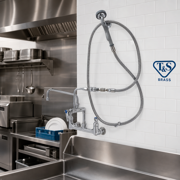 Product image #2 for T&S Brass Wall Mount Pre-Rinse Mixing Faucet Assembly with 8" Swing Nozzle and 96" Hose