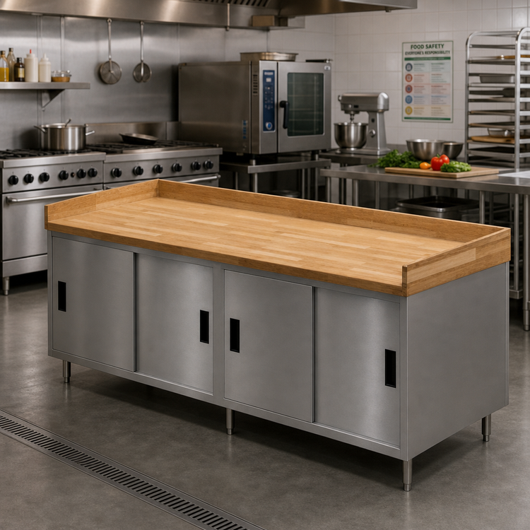 Product image #2 for BK Resources CMBT-3096S Hard Maple Bakers Top Chef Table with Stainless Steel Cabinet Base and Sliding Doors