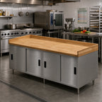 Thumbnail image #2 for BK Resources CMBT-3096S 96 x 30 x 39 in. Hard Maple Chef Table with Stainless Steel Cabinet Base, Sliding Doors, and 4 in. Coved Riser