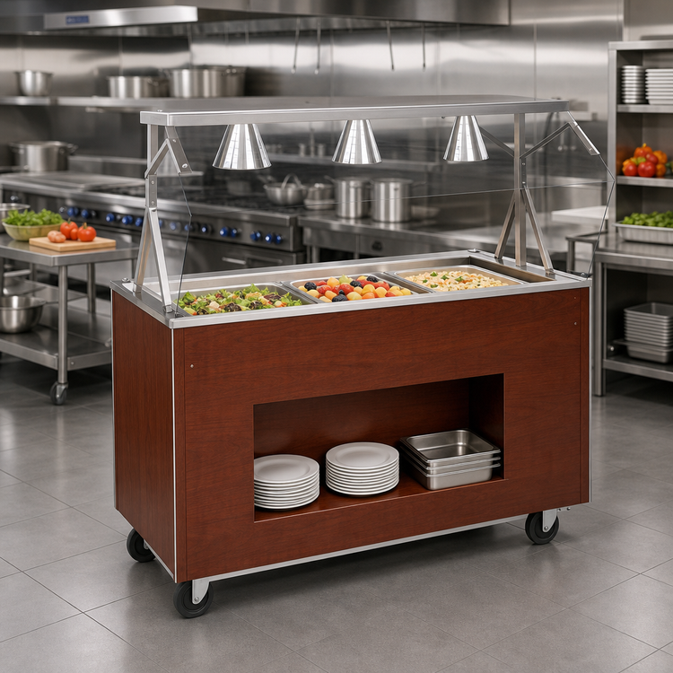 Product image #2 for Vollrath 46 Inch 3-Pan Non-Refrigerated Cold Food Station with Buffet Breath Guard and Open Storage Base, Cherry Woodgrain