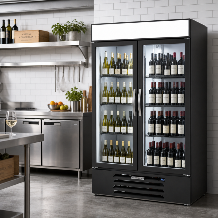 Product image #2 for Beverage-Air MarketMax Two-Section Reach-In Wine Merchandiser with Double-Pane Hinged Glass Doors, 46.15 Cu. Ft., Black, Bottom-Mount Refrigeration