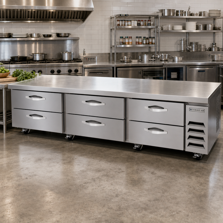 Product image #3 for Beverage-Air Six-Drawer Chef Base Refrigerator, 112-Inch Wide, Stainless Steel Top, Side-Mounted Refrigeration
