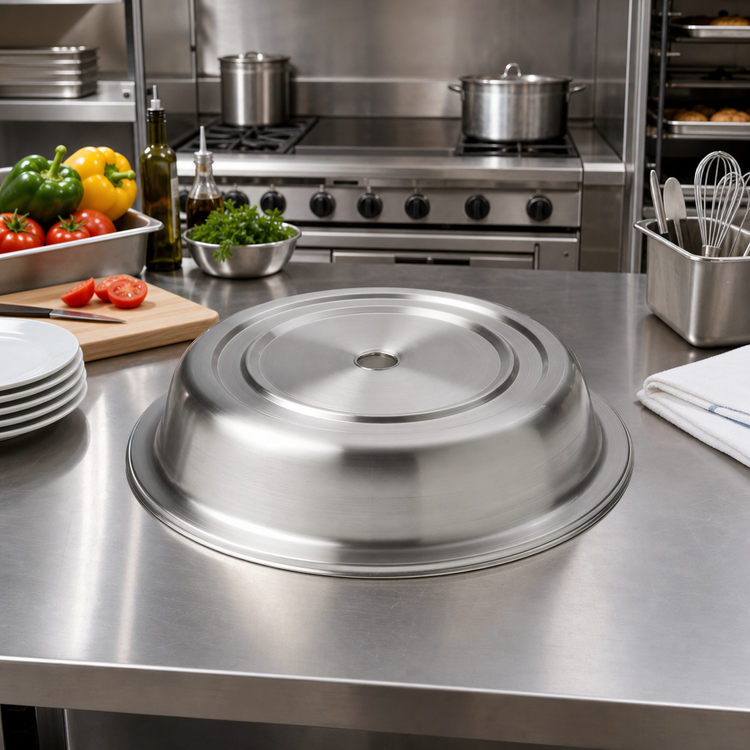 Product image #2 for American Metalcraft 11-5/8" to 11-3/4" Diameter Round Stainless Steel Plate Cover with Standard Foot and Finger Hole