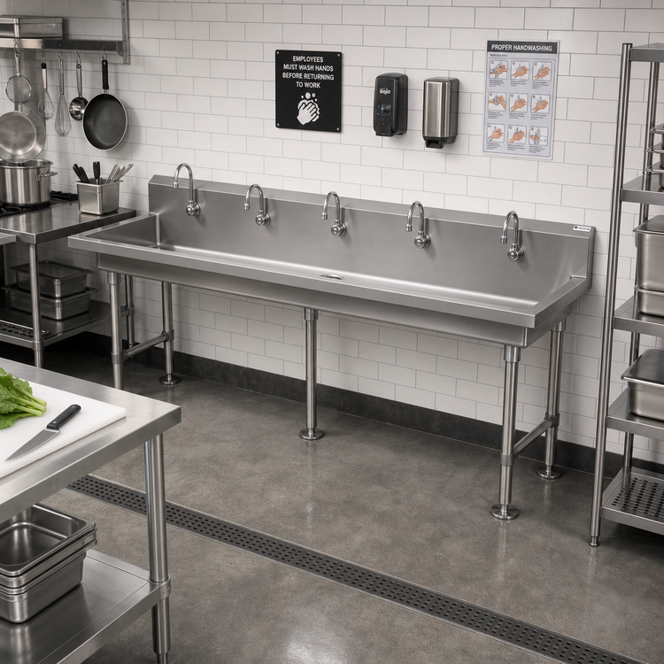 Product image #2 for John Boos Freestanding Stainless Steel Multi-Station Hand Wash Sink, 100 Inch Wide, 5 Single Faucet Holes