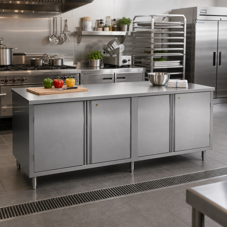 Product image #2 for BK Resources Dual-Access Stainless Steel Chef Table with Cabinet Base and Locking Hinged Doors, 96 x 30 Inch