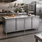 Thumbnail image #2 for BK Resources CST-3096HL2 Dual-Access Stainless Steel Chef Table with Locking Cabinet Doors, 14-Gauge Top, 96 x 30 x 34.75 Inch