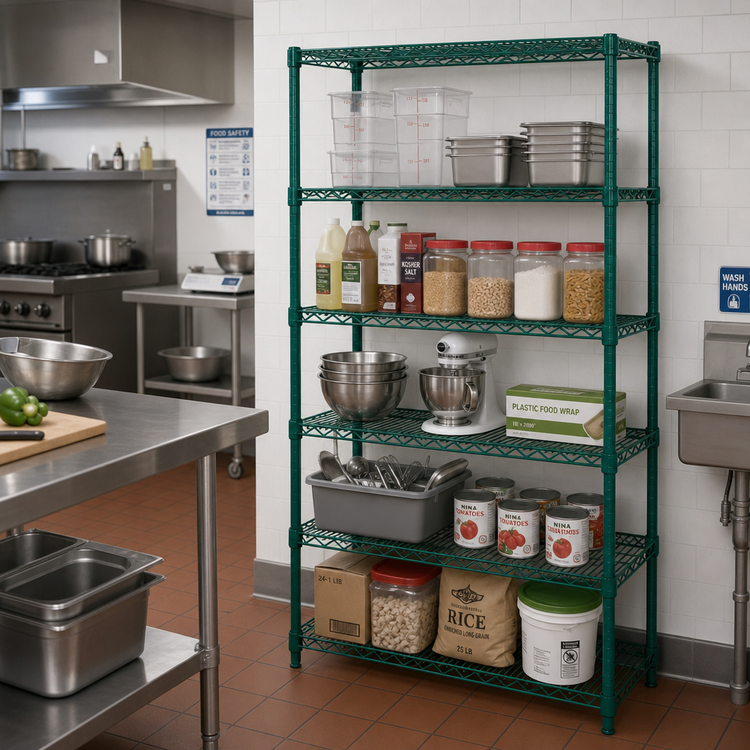 Product image #2 for Quantum Stationary Wire Shelving Starter Kit, 42"W x 30"D x 86"H, 5 Shelves, Green Epoxy