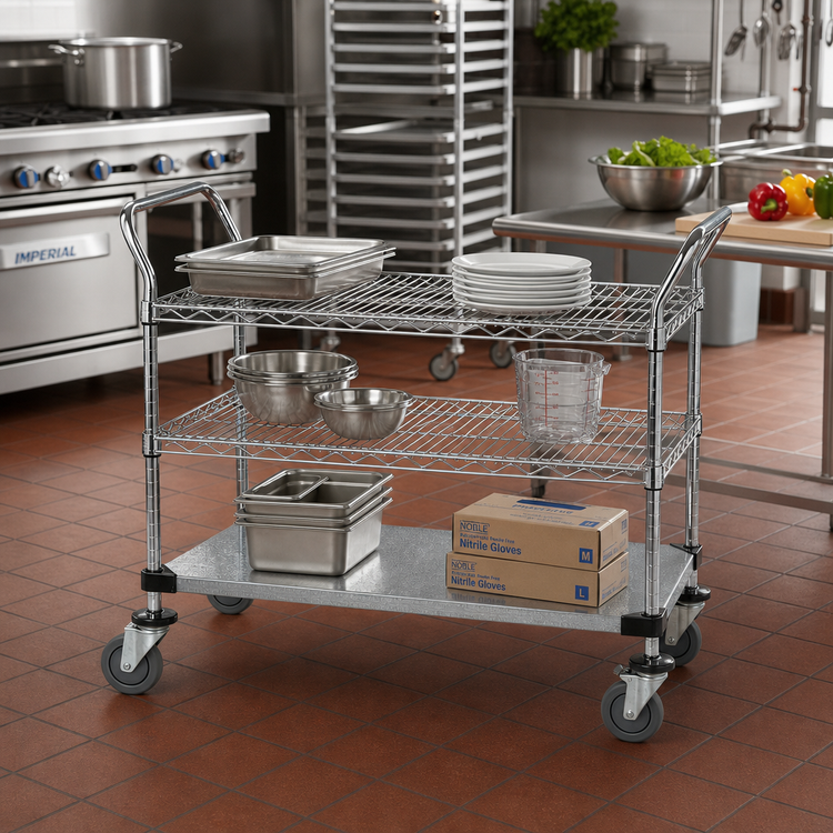 Product image #2 for Quantum Chrome-Plated 3-Shelf Utility Bus Cart, 36 x 18 x 37-1/2 in., 1,200 lb Capacity
