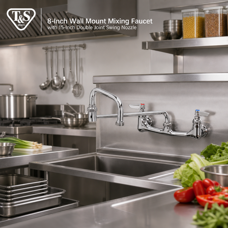 Product image #2 for T&S Brass 8-Inch Wall Mount Mixing Faucet with 15-Inch Double Joint Swing Nozzle