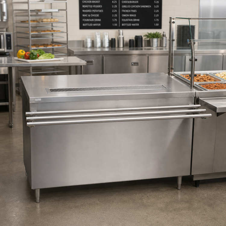 Product image #2 for BK Resources Stainless Steel Cashier-Serve Counter with Hinged Doors, Urn Trough, and Drop Shelf, 48"W x 30"D