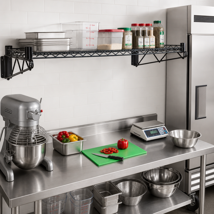 Product image #2 for Quantum WDWB2160BK Wall-Mount Cantilever Single Wire Shelf, 60 x 21 Inches, Black Epoxy Antimicrobial Finish