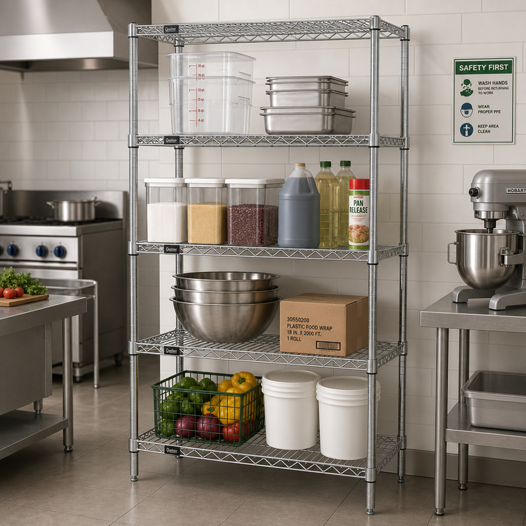 Product image #2 for Quantum 4-Shelf Stationary Wire Shelving Starter Kit, 30 Inch W x 18 Inch D x 74 Inch H, Chrome Plated