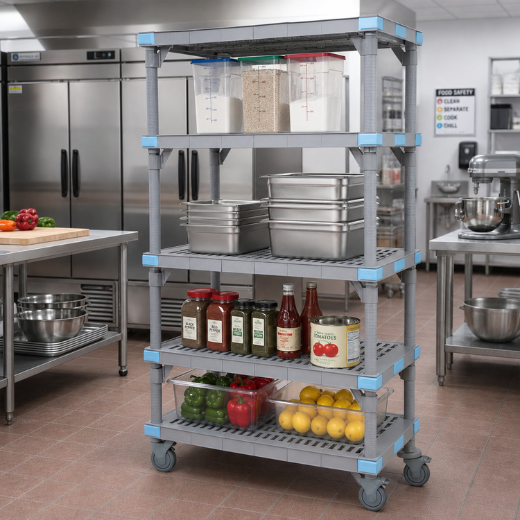 Product image #2 for Quantum Millenia Mobile Polymer Shelving Starter Unit with 4 Shelves, 72W x 21D x 86H, Gray