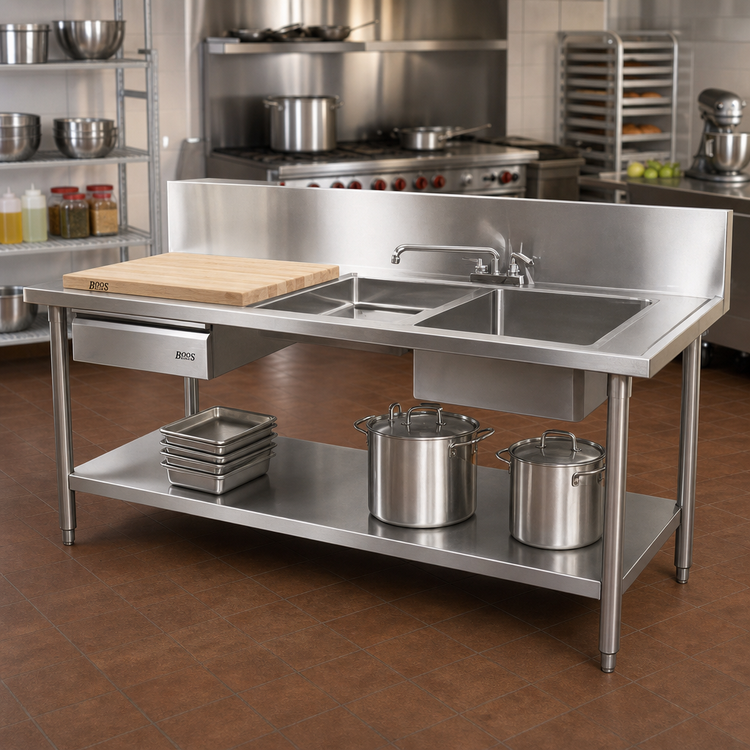 Product image #2 for John Boos 72-Inch 2-Compartment Sink Table with Right-End Sinks, Drawer, Cutting Board, and 10-Inch Backsplash