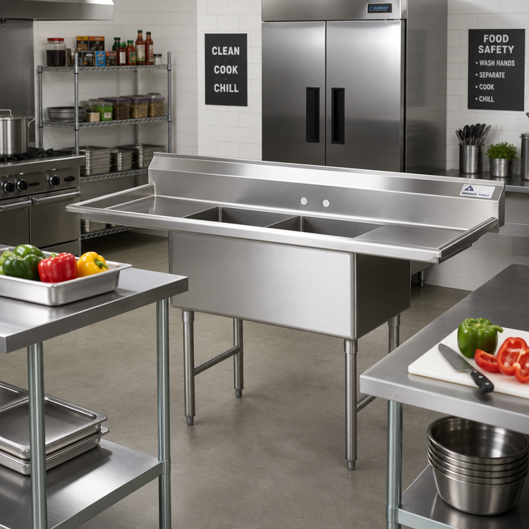 Product image #2 for Advance Tabco FC-2-1824-24RL 2-Compartment Fabricated Sink with Left and Right Drainboards, 84 Inch Long