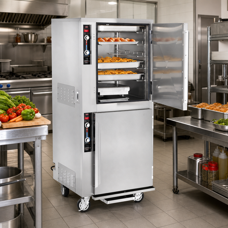 Product image #2 for FWE MTU-5-5 Mobile Split-Cavity Moisture Heated Holding Cabinet with Dutch Doors