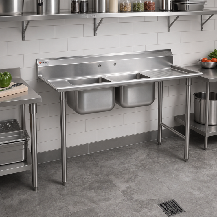 Product image #2 for Eagle Group 412 Series 2-Compartment Commercial Sink with Right-Hand Drainboard, 62-5/8-Inch Wide, 430 Stainless Steel