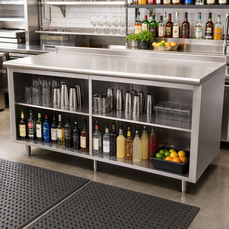 Product image #2 for Advance Tabco 120-Inch x 30-Inch Underbar Work Table with Open Front Cabinet Base, Mid-Shelf, and 1-1/2-Inch Rear Up-Turn