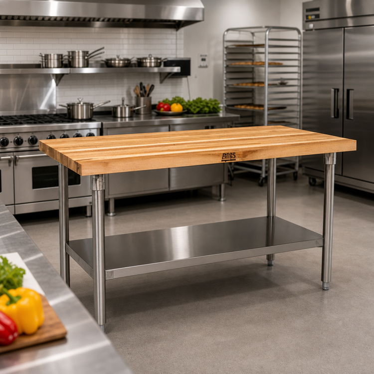 Product image #2 for John Boos 96-Inch x 24-Inch Wood Top Work Table with Stainless Steel Legs and Adjustable Undershelf