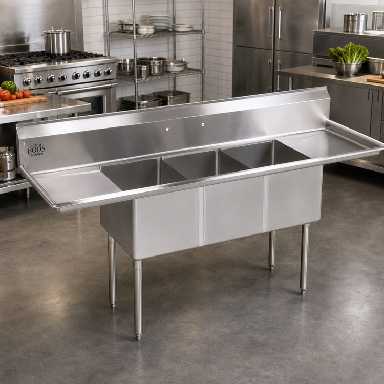 Product image #2 for John Boos E-Series 3-Compartment Sink with Left and Right Drainboards, 60 x 19-1/2 Inch, 18/300 Stainless Steel