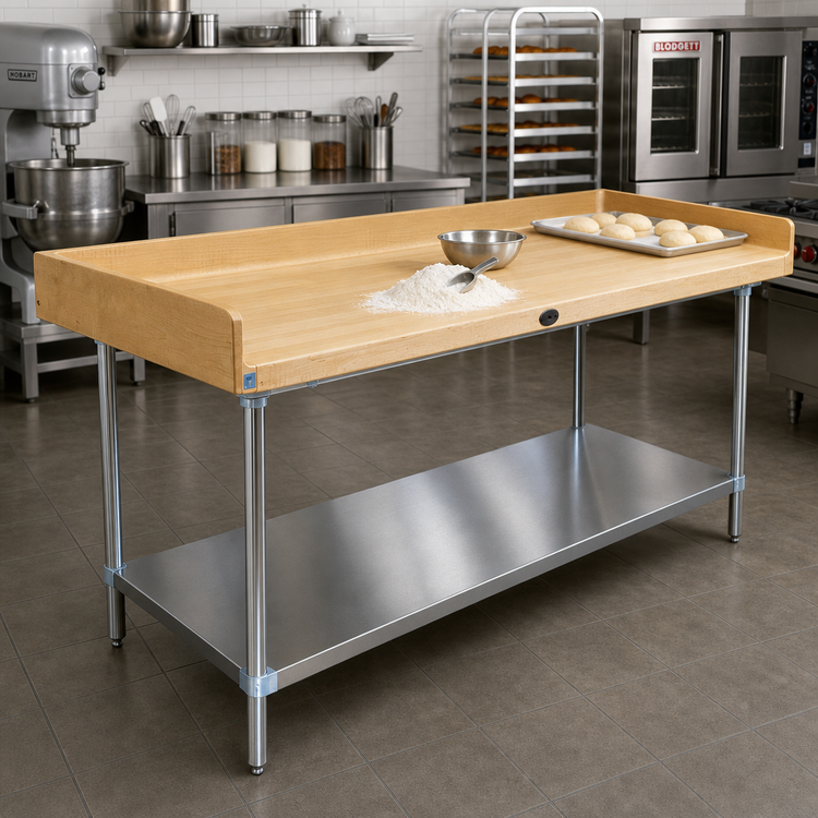 Product image #2 for Advance Tabco 72" x 36" Bakers' Table with 1-3/4" Wood Top, Stainless Steel Undershelf and Legs