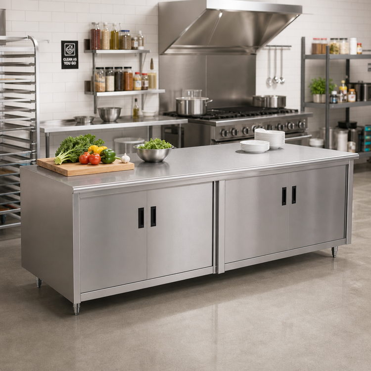 Product image #2 for Advance Tabco HB-SS-367 Enclosed Work Table with Cabinet Base, 84 x 36 Inches, 14-Gauge 304 Stainless Steel Top
