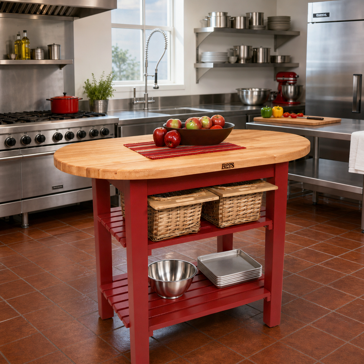 Product image #2 for Boos Block Elliptical C-Table Commercial Work Table with 1-1/2 Inch Butcher Block Top and 2 Slatted Undershelves, 72 x 30 x 35 Inch