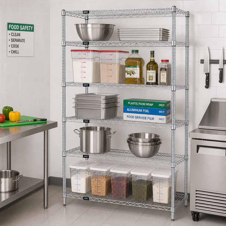 Product image #2 for Quantum 48-Inch W x 24-Inch D x 63-Inch H 304 Stainless Steel Wire Shelving Starter Kit with 5 Shelves and 4 Posts