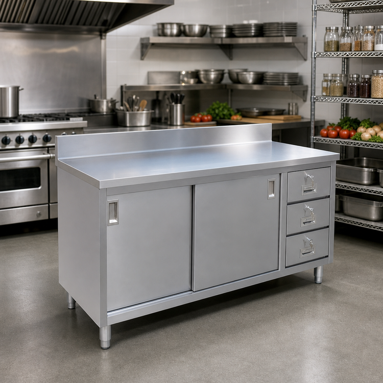 Product image #2 for 60-Inch Stainless Steel Enclosed Work Table with 6-Inch Backsplash, Sliding Doors, and 3 Drawers