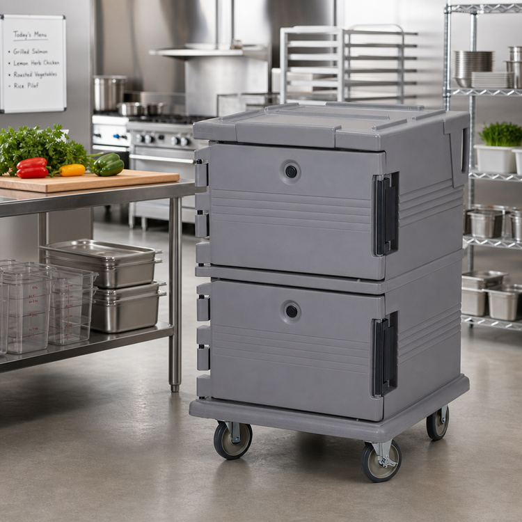 Product image #3 for Cambro Ultra Camcart® Double-Compartment Front-Loading Insulated Food Pan Carrier for Full-Size Pans, Granite Gray