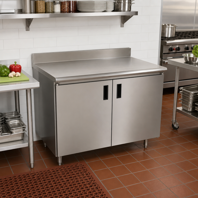 Product image #2 for Advance Tabco Special Value Economy 48" x 30" Enclosed Work Table with 16-Gauge 304 Stainless Steel Top, Cabinet Base and 5" Backsplash