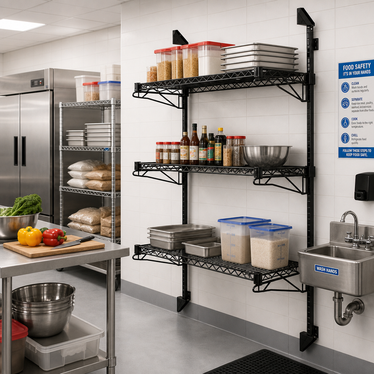 Product image #2 for Quantum Wall-Mounted Cantilever Starter Shelving Unit with 3 Wire Shelves, 54-Inch Posts, Black Epoxy Antimicrobial Finish