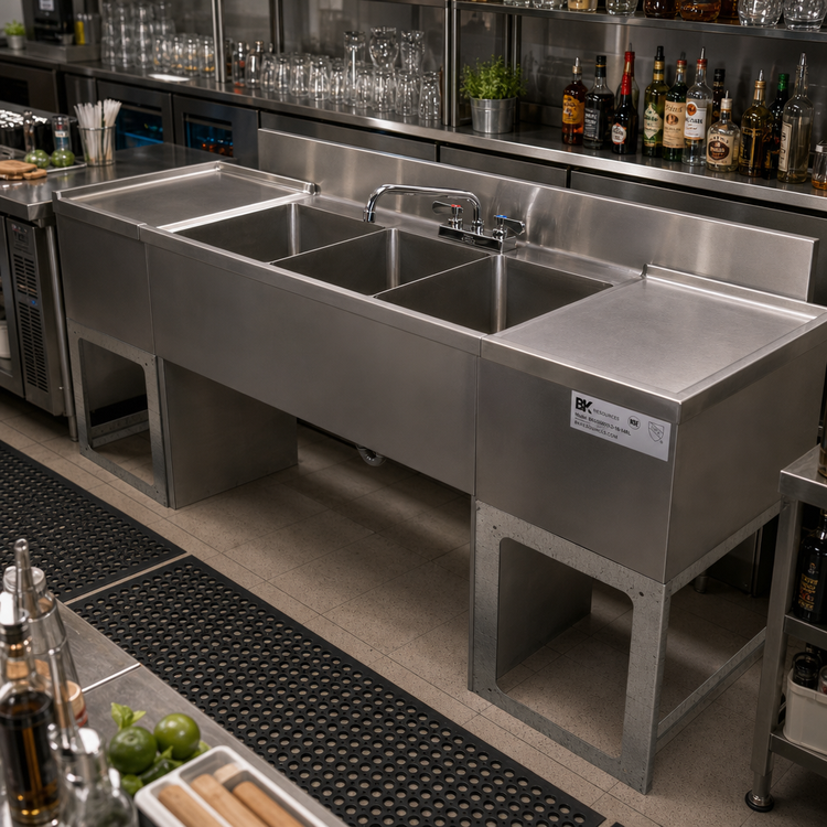 Product image #3 for BK Resources 60-Inch Three-Compartment Underbar Sink with Dual Drainboards and Lead-Free Faucet