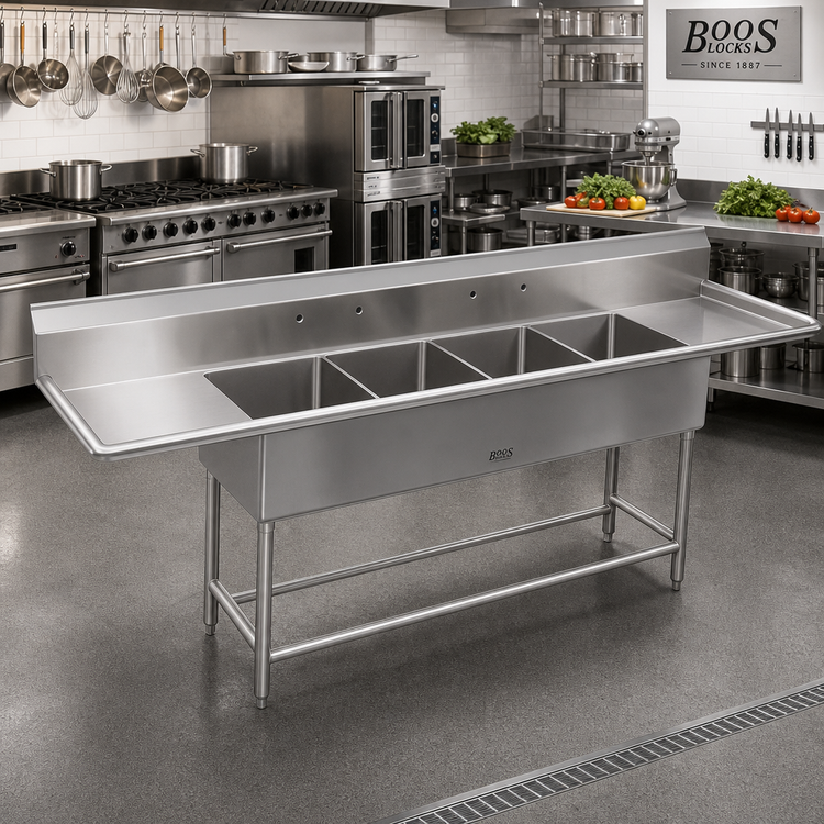 Product image #2 for John Boos Pro-Bowl 4-Compartment Floor Model Sink with Left and Right Drainboards, 16 Gauge Stainless Steel