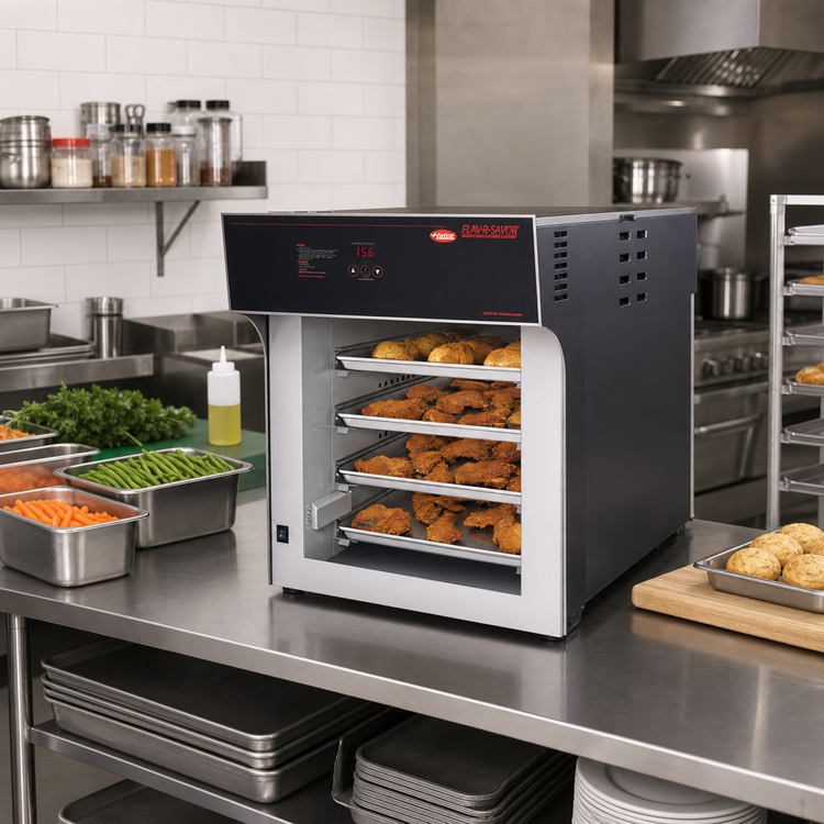 Product image #2 for Hatco Flav-R-Savor Air Curtain Heated Countertop Pass-Thru Display Cabinet, 4-Tier Slides for Full-Size Sheet Pans