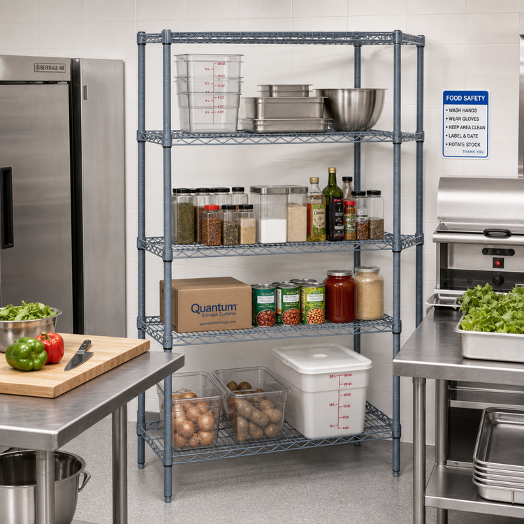 Product image #3 for Quantum Stationary Wire Shelving Starter Kit, 36" W x 21" D x 86" H, 5 Shelves, Gray Epoxy Antimicrobial Finish