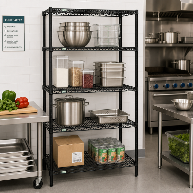 Product image #2 for Quantum Stationary Wire Shelving Starter Kit with 4 Shelves, 24"W x 21"D x 63"H, Black Epoxy Antimicrobial Finish