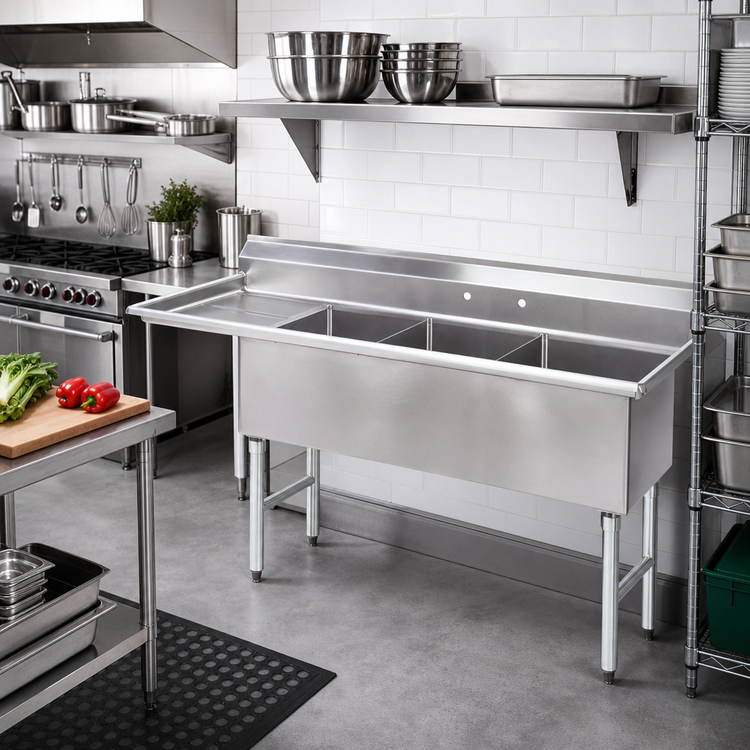 Product image #2 for Advance Tabco Fabricated 3-Compartment Sink with 24-Inch Left Drainboard, 24 x 30 x 14 Inch Bowls