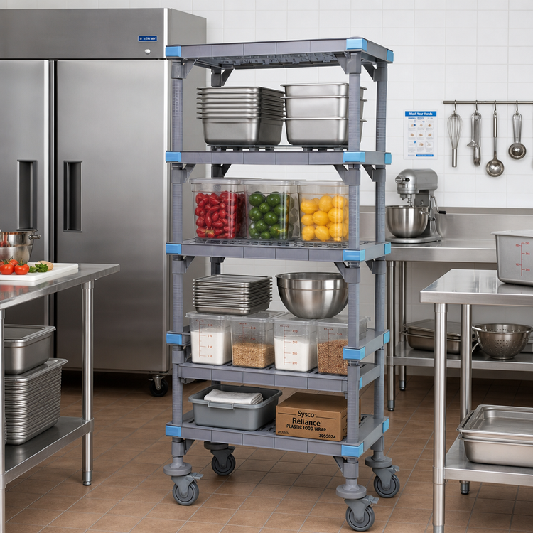 Product image #2 for Quantum Millenia 30 Inch Wide x 24 Inch Deep x 62 Inch High Mobile Polymer Starter Shelving Unit with 5 Open Grid Shelves