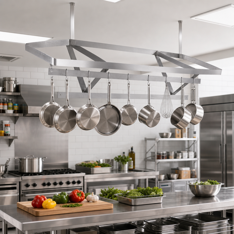 Product image #2 for Klinger's Trading 96-Inch Ceiling-Mounted Triple-Bar Stainless Steel Pot Rack