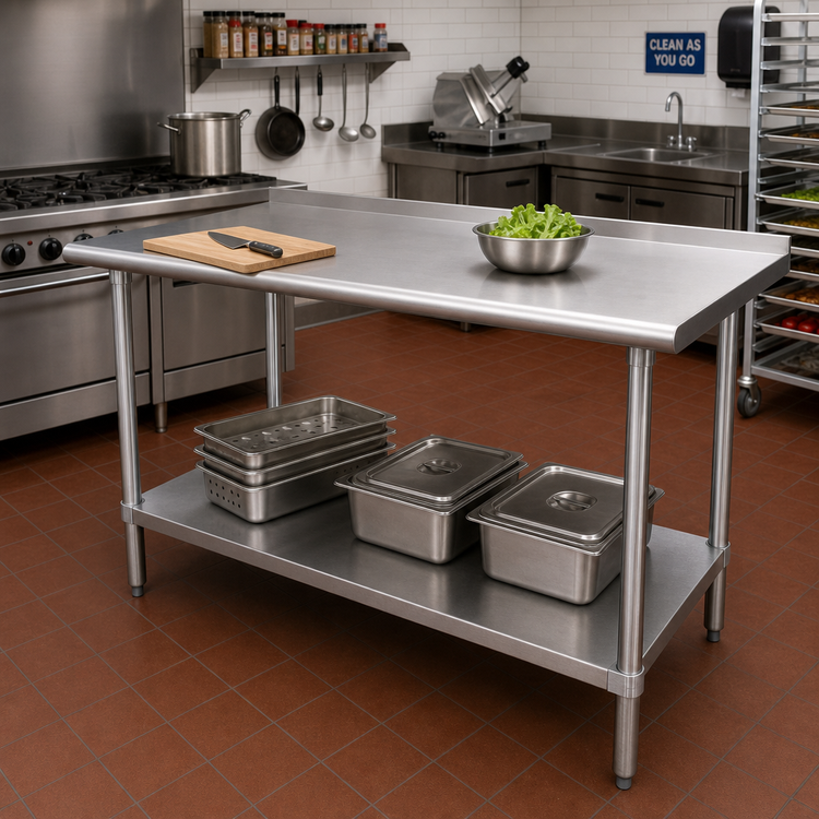 Product image #2 for Advance Tabco 84-Inch x 36-Inch Stainless Steel Work Table with 1-1/2-Inch Rear Up-Turn and Adjustable Undershelf